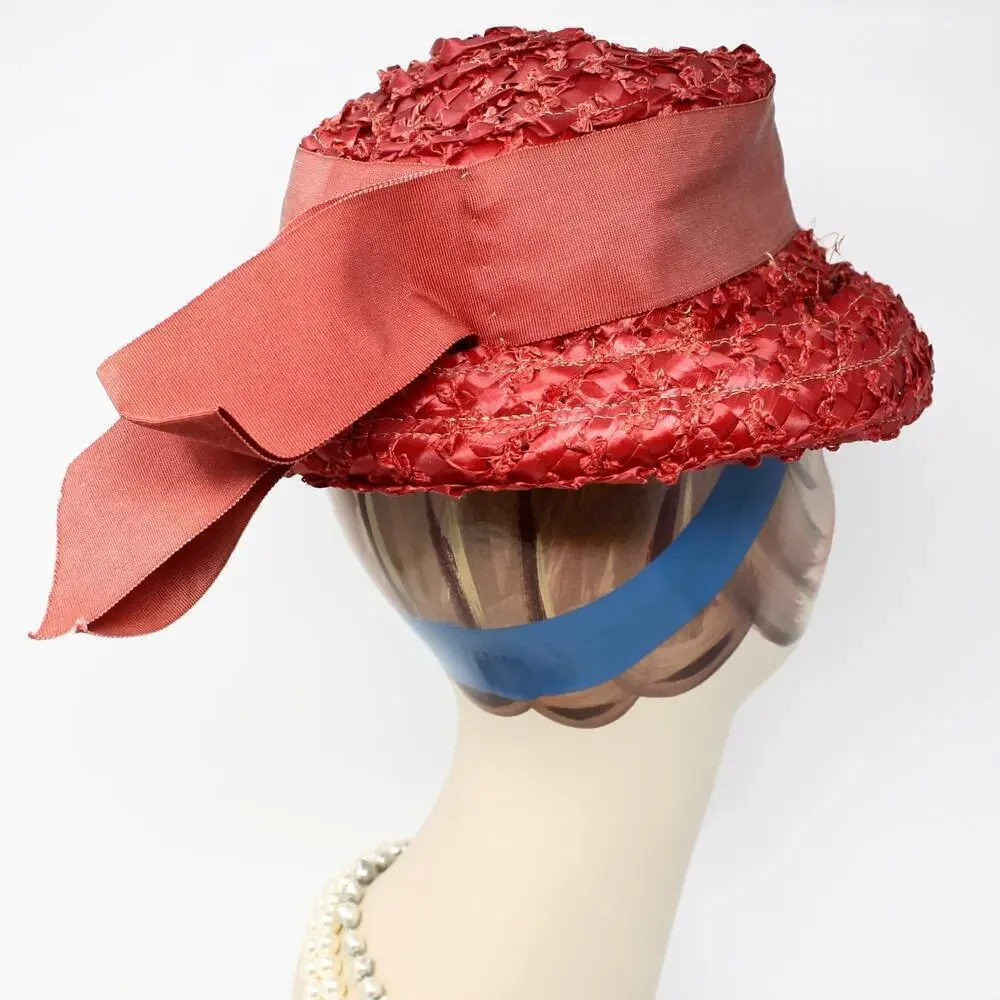 Vintage Mr Michael Red Straw Boater Hat w Wide Ribbon and Veil Trim – Hey Viv